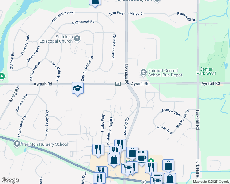 map of restaurants, bars, coffee shops, grocery stores, and more near 5 Brandywine Ln in Fairport
