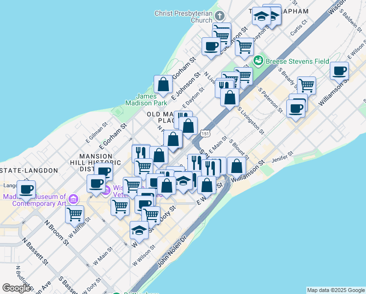 map of restaurants, bars, coffee shops, grocery stores, and more near 506 East Washington Avenue in Madison