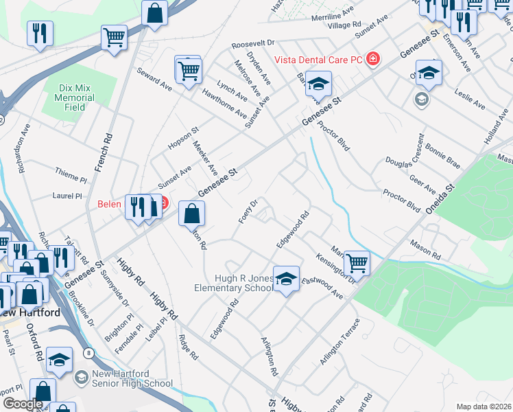 map of restaurants, bars, coffee shops, grocery stores, and more near 10 Foery Drive in Utica