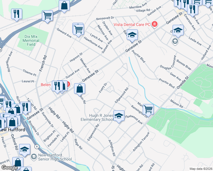 map of restaurants, bars, coffee shops, grocery stores, and more near Foery Drive in Utica