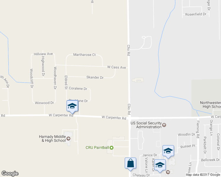 map of restaurants, bars, coffee shops, grocery stores, and more near 5123 Clio Road in Flint