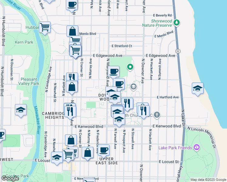 map of restaurants, bars, coffee shops, grocery stores, and more near 3203 North Downer Avenue in Milwaukee