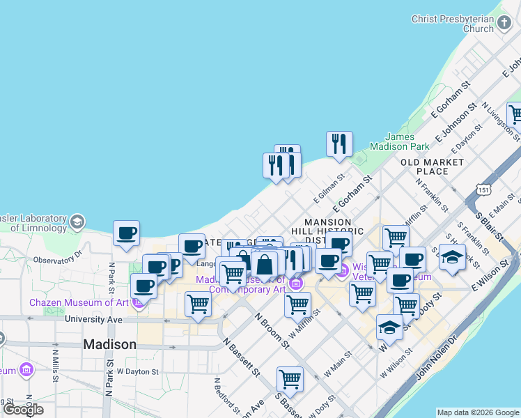 map of restaurants, bars, coffee shops, grocery stores, and more near 22 Langdon Street in Madison