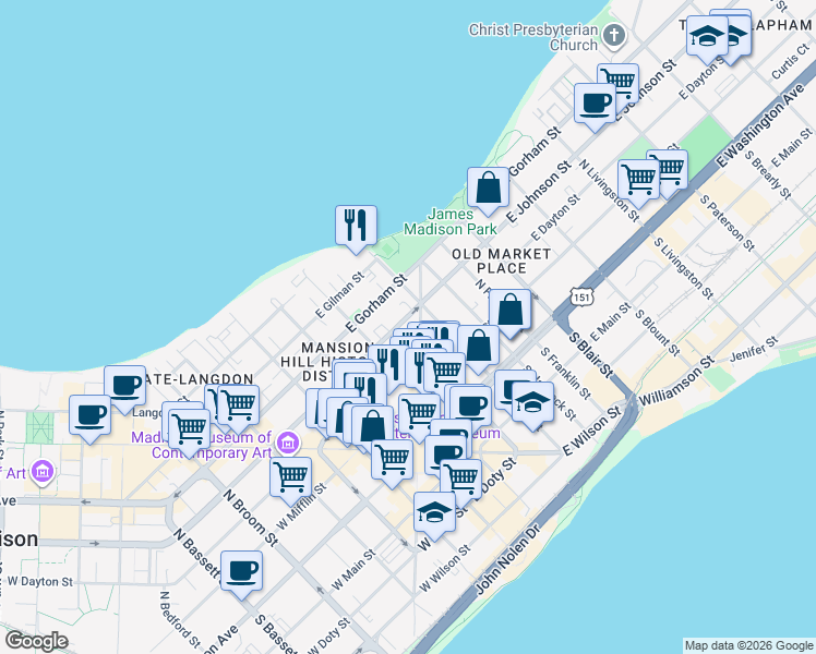 map of restaurants, bars, coffee shops, grocery stores, and more near 133 East Johnson Street in Madison