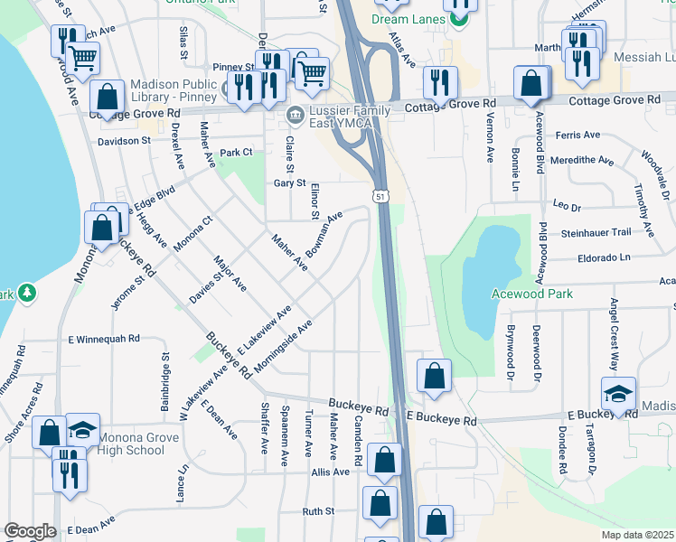 map of restaurants, bars, coffee shops, grocery stores, and more near 509 East Lakeview Avenue in Madison