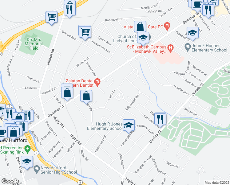 map of restaurants, bars, coffee shops, grocery stores, and more near 10 Foery Drive in Utica