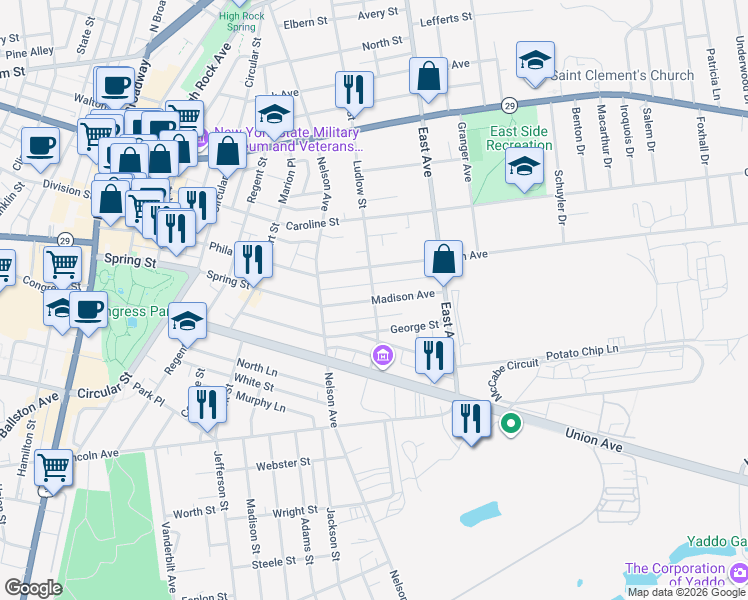 map of restaurants, bars, coffee shops, grocery stores, and more near Ludlow St & Madison Ave in Saratoga Springs