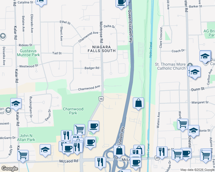 map of restaurants, bars, coffee shops, grocery stores, and more near 7571 Marpin Court in Niagara Falls