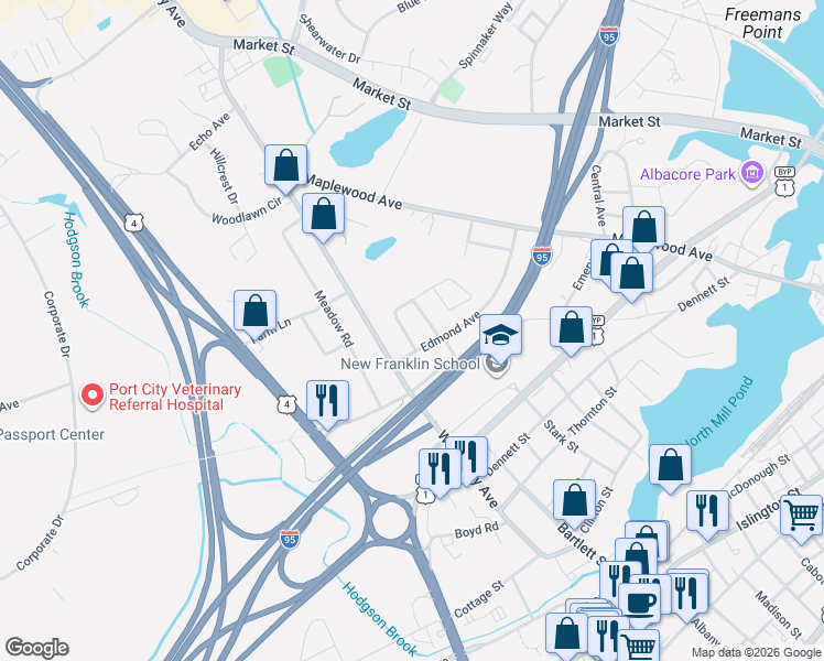 map of restaurants, bars, coffee shops, grocery stores, and more near 56 Ruby Road in Portsmouth