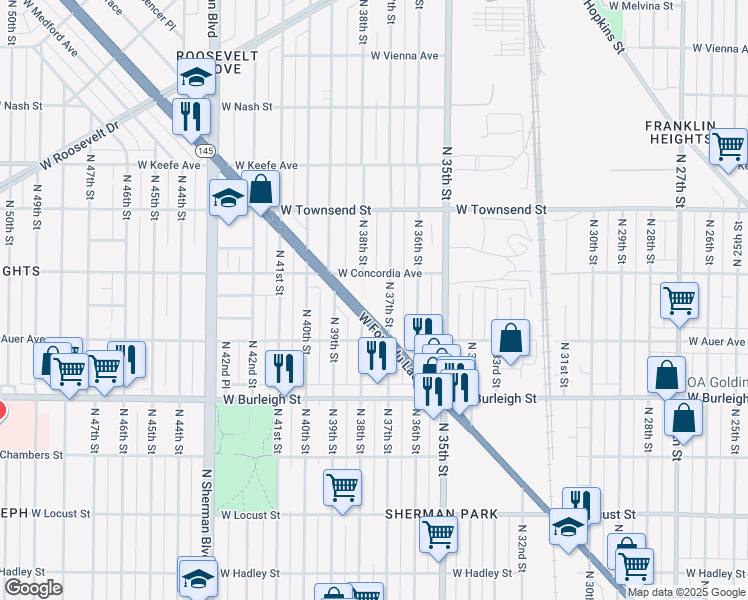 map of restaurants, bars, coffee shops, grocery stores, and more near 3245 North 37th Street in Milwaukee