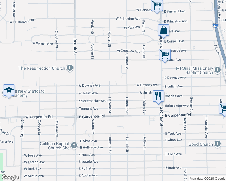 map of restaurants, bars, coffee shops, grocery stores, and more near 1199 West Downey Avenue in Flint