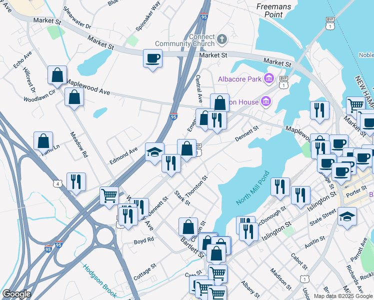 map of restaurants, bars, coffee shops, grocery stores, and more near 240 Myrtle Avenue in Portsmouth