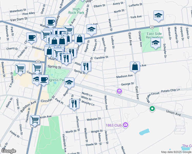 map of restaurants, bars, coffee shops, grocery stores, and more near 157 Spring Street in Saratoga Springs