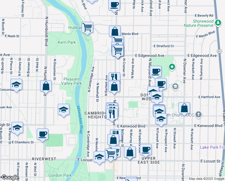 map of restaurants, bars, coffee shops, grocery stores, and more near 3335 North Oakland Avenue in Milwaukee
