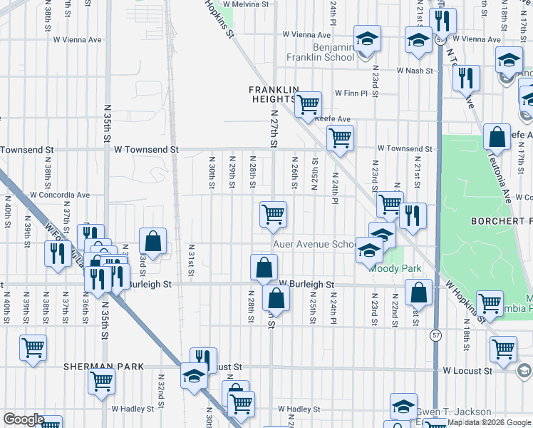 map of restaurants, bars, coffee shops, grocery stores, and more near 3268 North 28th Street in Milwaukee