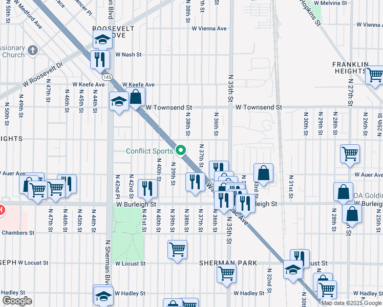 map of restaurants, bars, coffee shops, grocery stores, and more near 3245 North 37th Street in Milwaukee