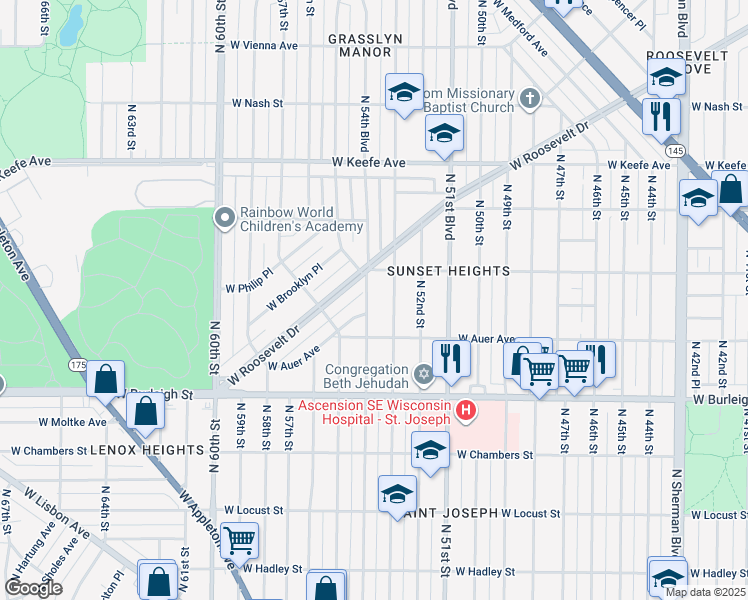 map of restaurants, bars, coffee shops, grocery stores, and more near 5501 West Roosevelt Drive in Milwaukee