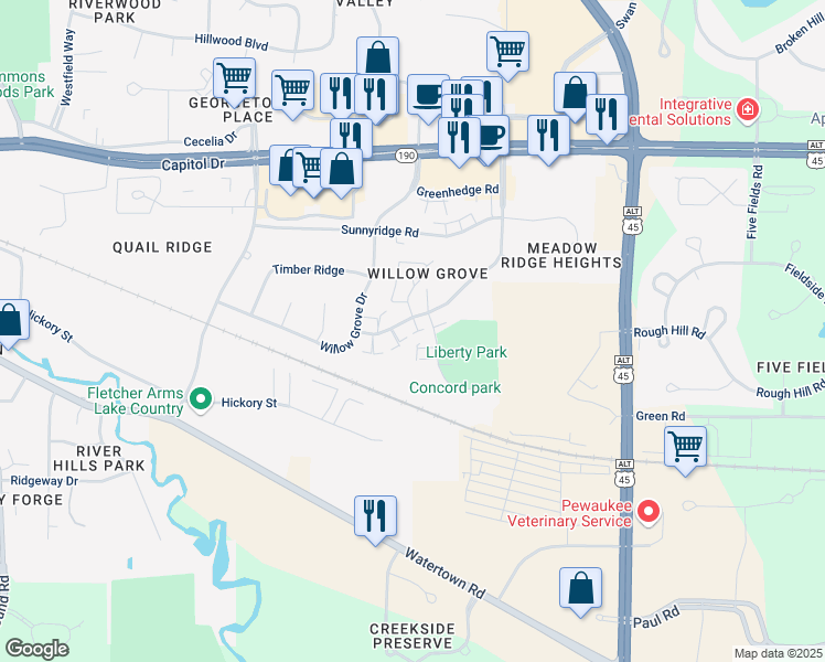 map of restaurants, bars, coffee shops, grocery stores, and more near 1336 Meadowcreek Drive in Pewaukee