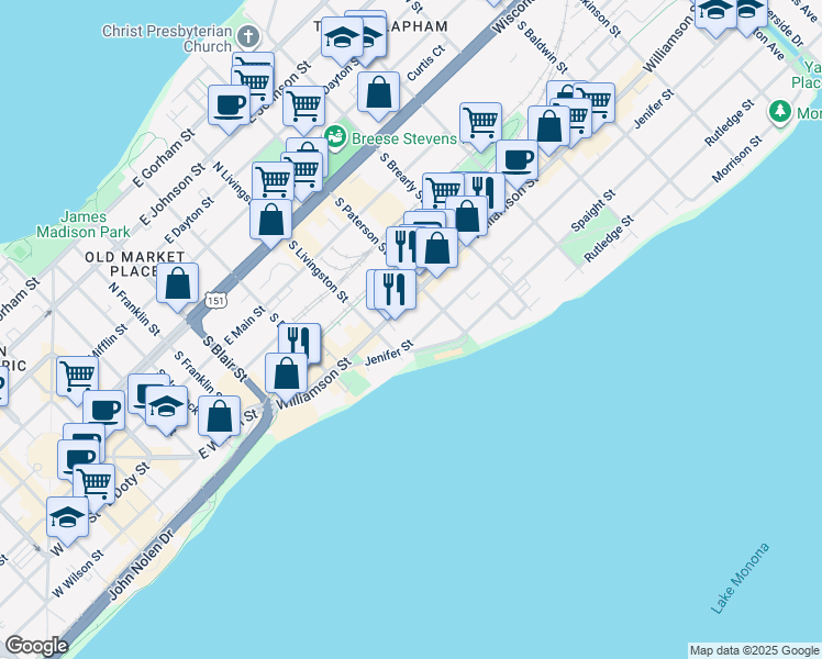 map of restaurants, bars, coffee shops, grocery stores, and more near 821 Williamson Street in Madison