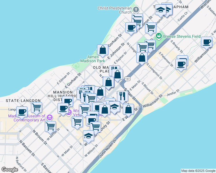 map of restaurants, bars, coffee shops, grocery stores, and more near 20 North Franklin Street in Madison