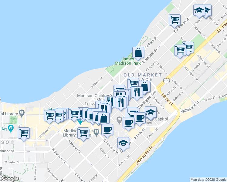 map of restaurants, bars, coffee shops, grocery stores, and more near 134 East Johnson Street in Madison