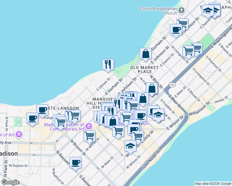 map of restaurants, bars, coffee shops, grocery stores, and more near 134 East Johnson Street in Madison