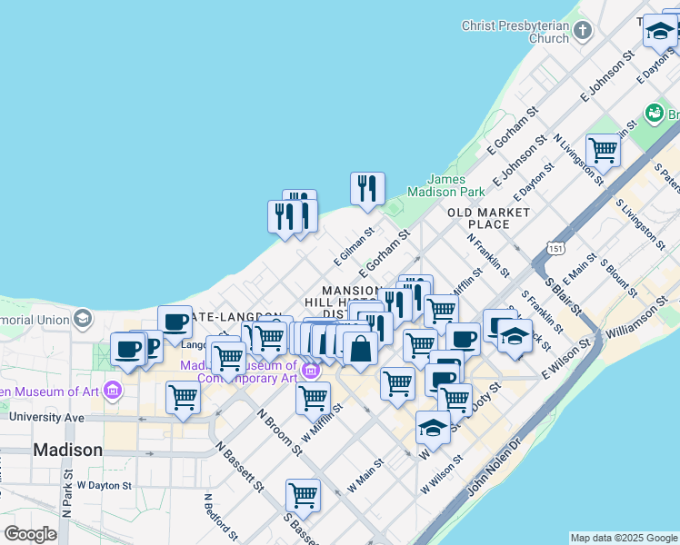 map of restaurants, bars, coffee shops, grocery stores, and more near 11 East Gilman Street in Madison