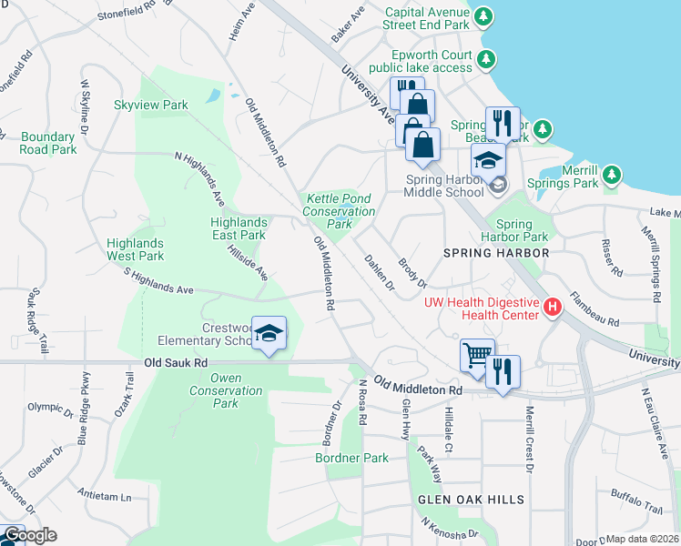 map of restaurants, bars, coffee shops, grocery stores, and more near 5722 Old Middleton Road in Madison