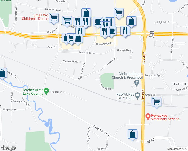 map of restaurants, bars, coffee shops, grocery stores, and more near 1328 Meadowcreek Drive in Pewaukee