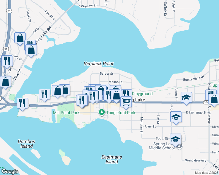 map of restaurants, bars, coffee shops, grocery stores, and more near 214 North Division Street in Spring Lake