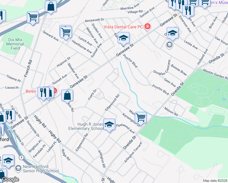 map of restaurants, bars, coffee shops, grocery stores, and more near 110 Southgate Road in Utica