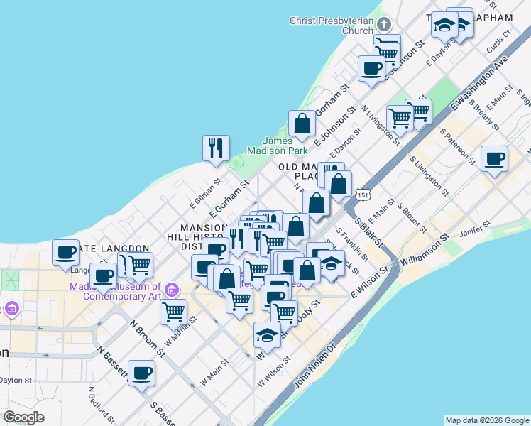 map of restaurants, bars, coffee shops, grocery stores, and more near 136 North Butler Street in Madison