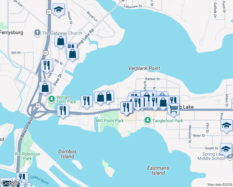 map of restaurants, bars, coffee shops, grocery stores, and more near 213 Dixie Street in Spring Lake
