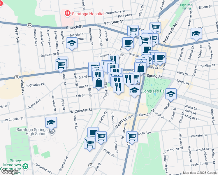 map of restaurants, bars, coffee shops, grocery stores, and more near 52 South Franklin Street in Saratoga Springs