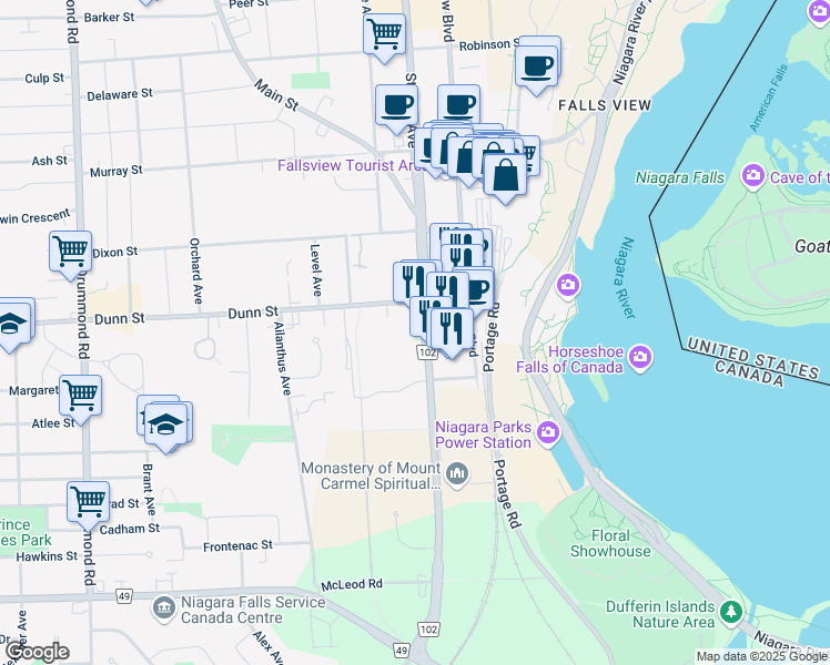 map of restaurants, bars, coffee shops, grocery stores, and more near 6671 Stanley Avenue in Niagara Falls