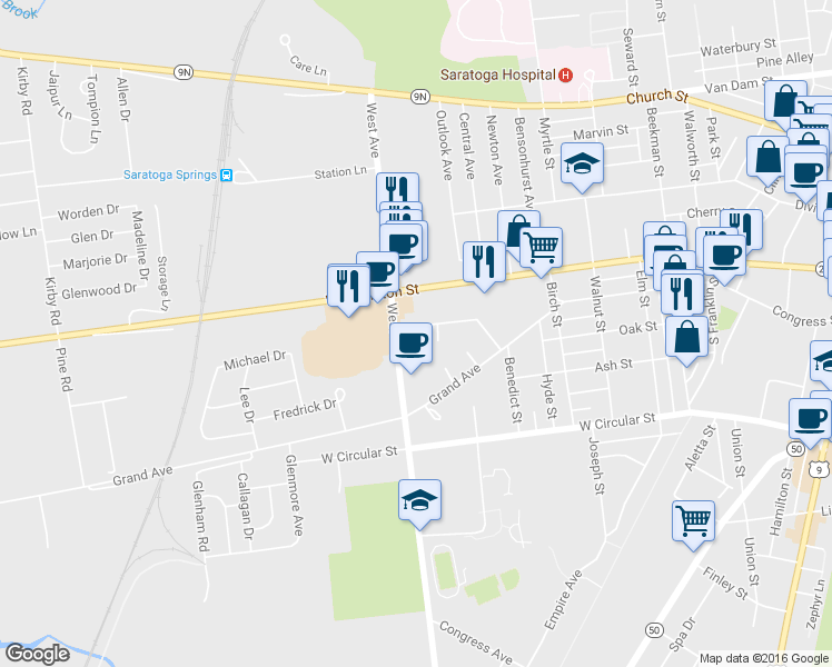 map of restaurants, bars, coffee shops, grocery stores, and more near 18 Saint Charles Place in Saratoga Springs