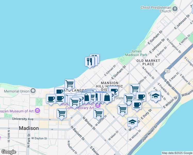 map of restaurants, bars, coffee shops, grocery stores, and more near 516 Wisconsin Avenue in Madison