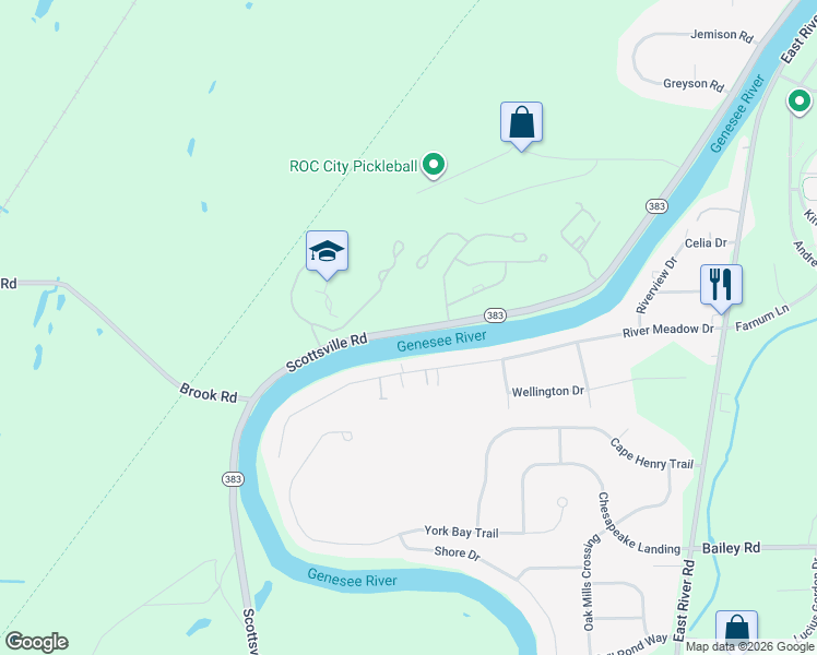 map of restaurants, bars, coffee shops, grocery stores, and more near 2021 Scottsville Road in Rochester