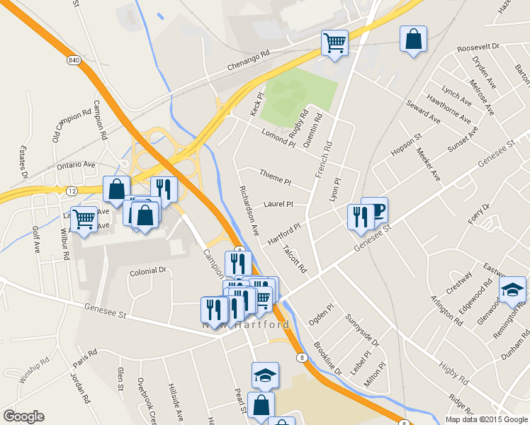 map of restaurants, bars, coffee shops, grocery stores, and more near 123 Laurel Pl in Utica
