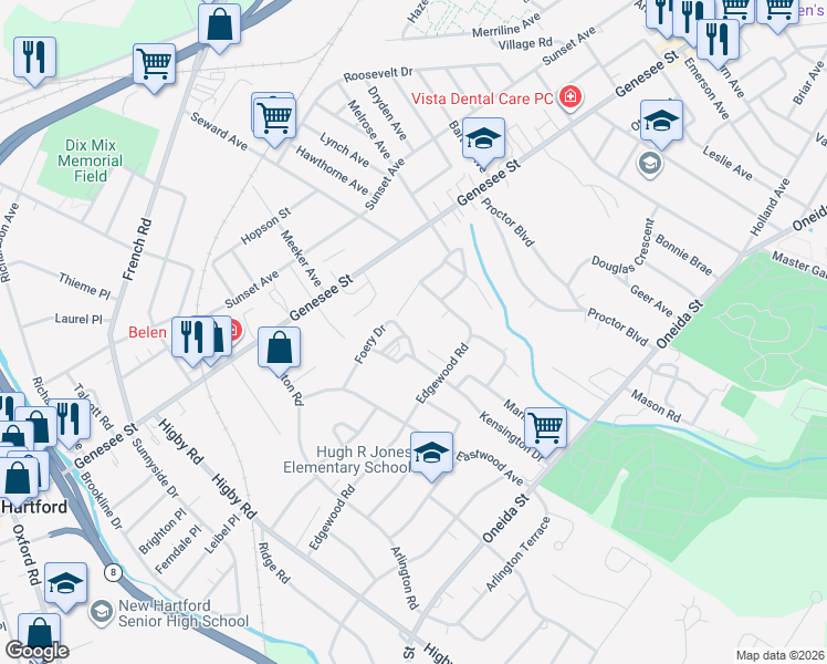 map of restaurants, bars, coffee shops, grocery stores, and more near 110 Southgate Road in Utica
