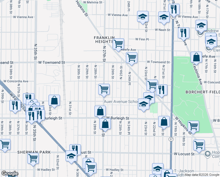 map of restaurants, bars, coffee shops, grocery stores, and more near 3265 North 26th Street in Milwaukee