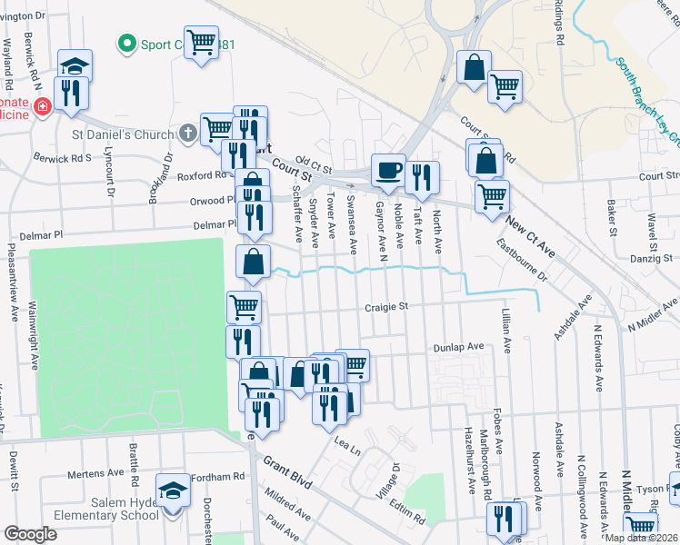 map of restaurants, bars, coffee shops, grocery stores, and more near 318 Tower Avenue in Syracuse