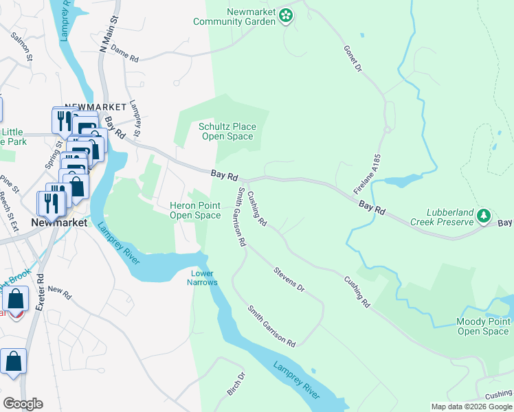 map of restaurants, bars, coffee shops, grocery stores, and more near 234 Cushing Road in Newmarket