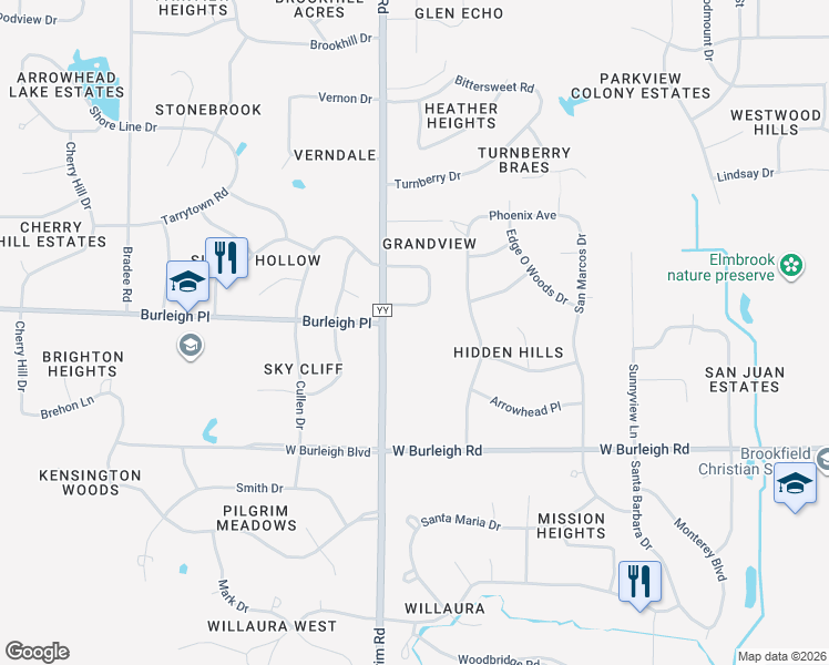 map of restaurants, bars, coffee shops, grocery stores, and more near 15465 Grandview Drive Lower in Brookfield