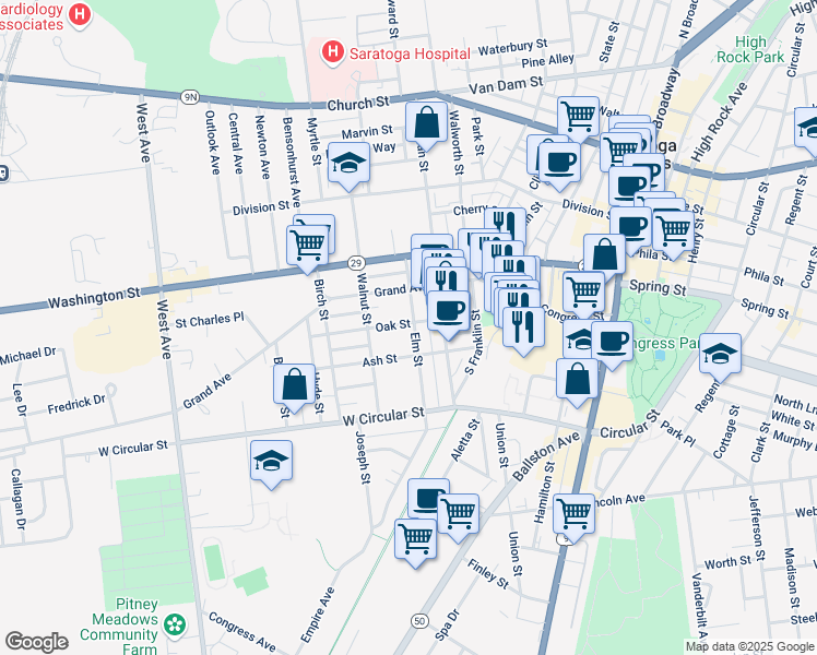 map of restaurants, bars, coffee shops, grocery stores, and more near 195 Elm Street in Saratoga Springs