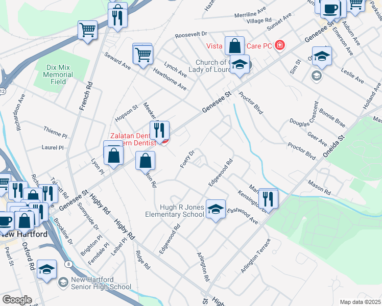 map of restaurants, bars, coffee shops, grocery stores, and more near Foery Drive in Utica