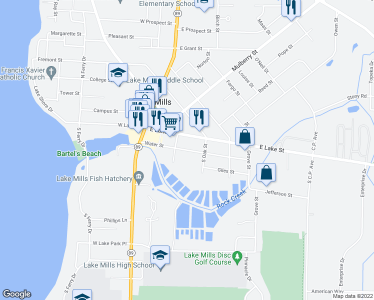 map of restaurants, bars, coffee shops, grocery stores, and more near 326 Water Street in Lake Mills