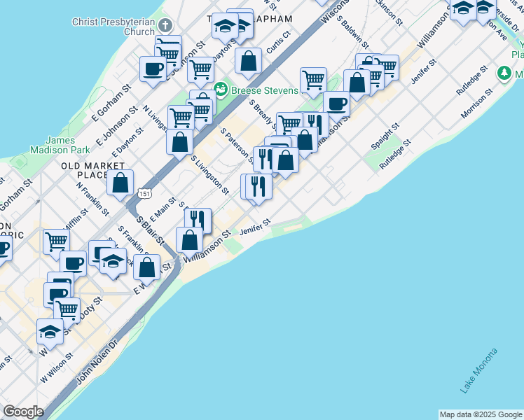 map of restaurants, bars, coffee shops, grocery stores, and more near 821 Williamson Street in Madison