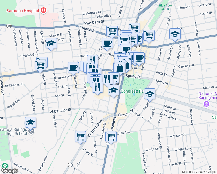 map of restaurants, bars, coffee shops, grocery stores, and more near 24 Congress St in Saratoga Springs