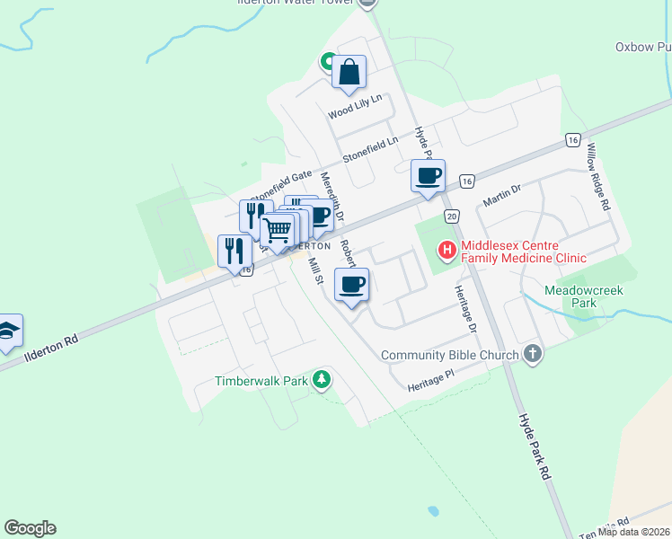 map of restaurants, bars, coffee shops, grocery stores, and more near 124 Mill Street in Ilderton